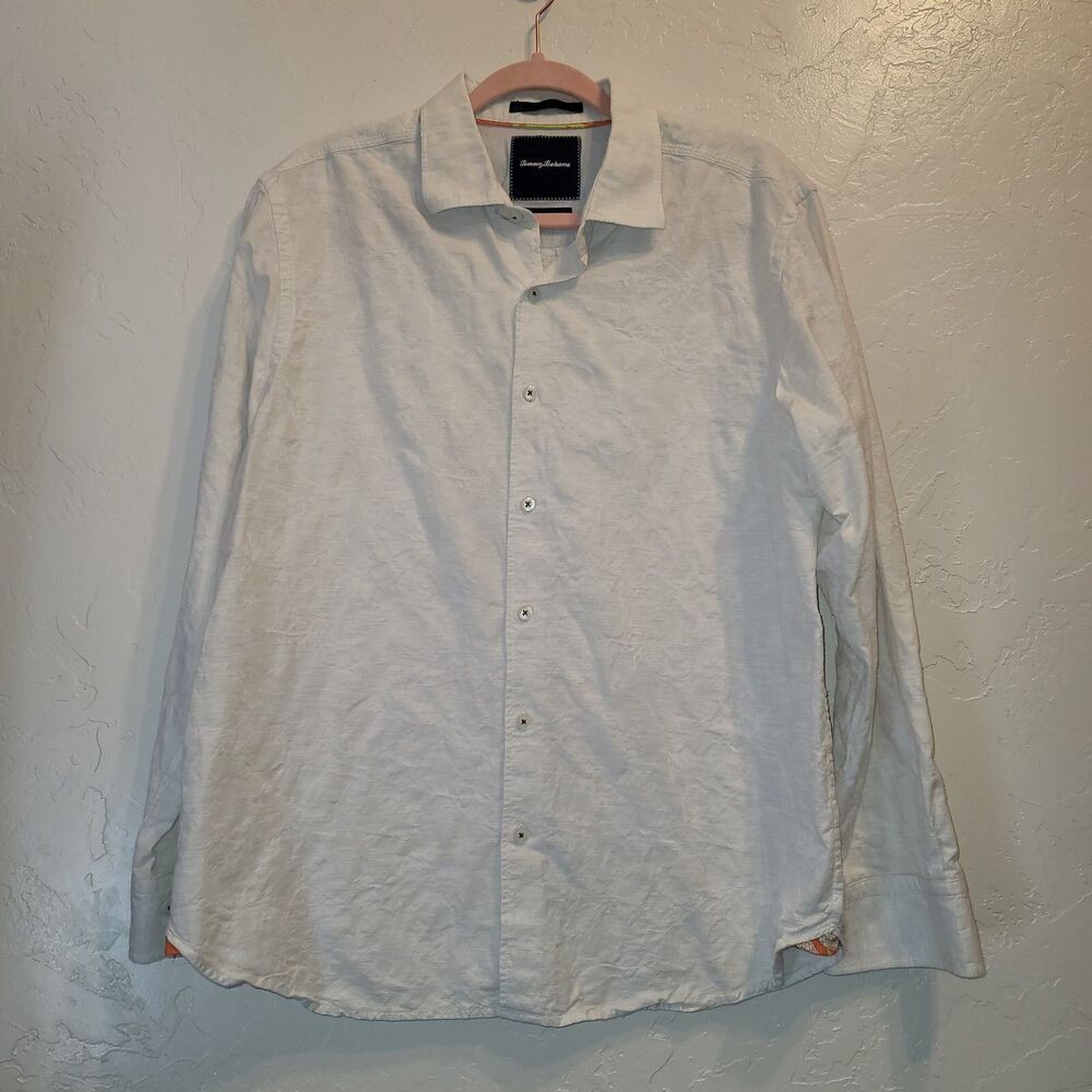 Tommy Bahama Mens L White Long Sleeve Button Front Shirt Island Modern Fit Cotto